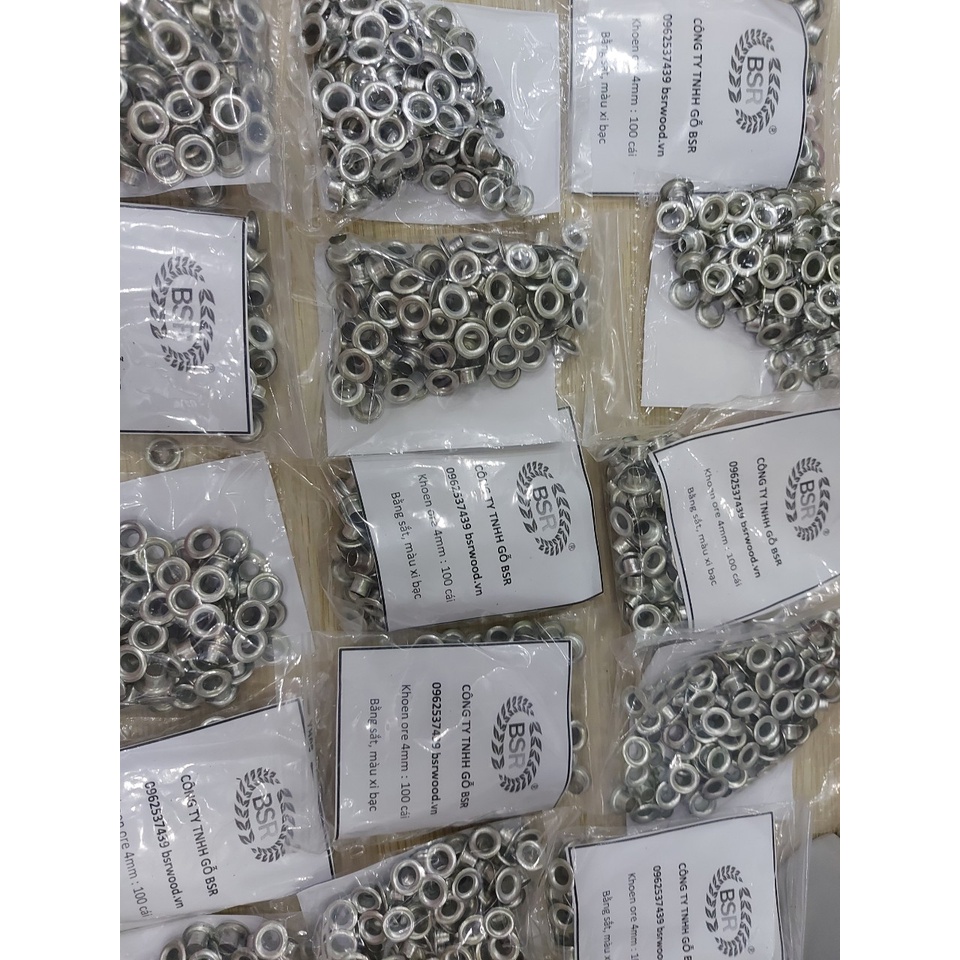 Khoen ore mắt cáo 3mm,4mm,5mm,6mm,7mm,9mm,10mm,11mm,12mm,13mm,14mm,15mm,16mm Sắt xi BẠC Khuy oze bấm bạt Túi 100 cái - Ảnh 2