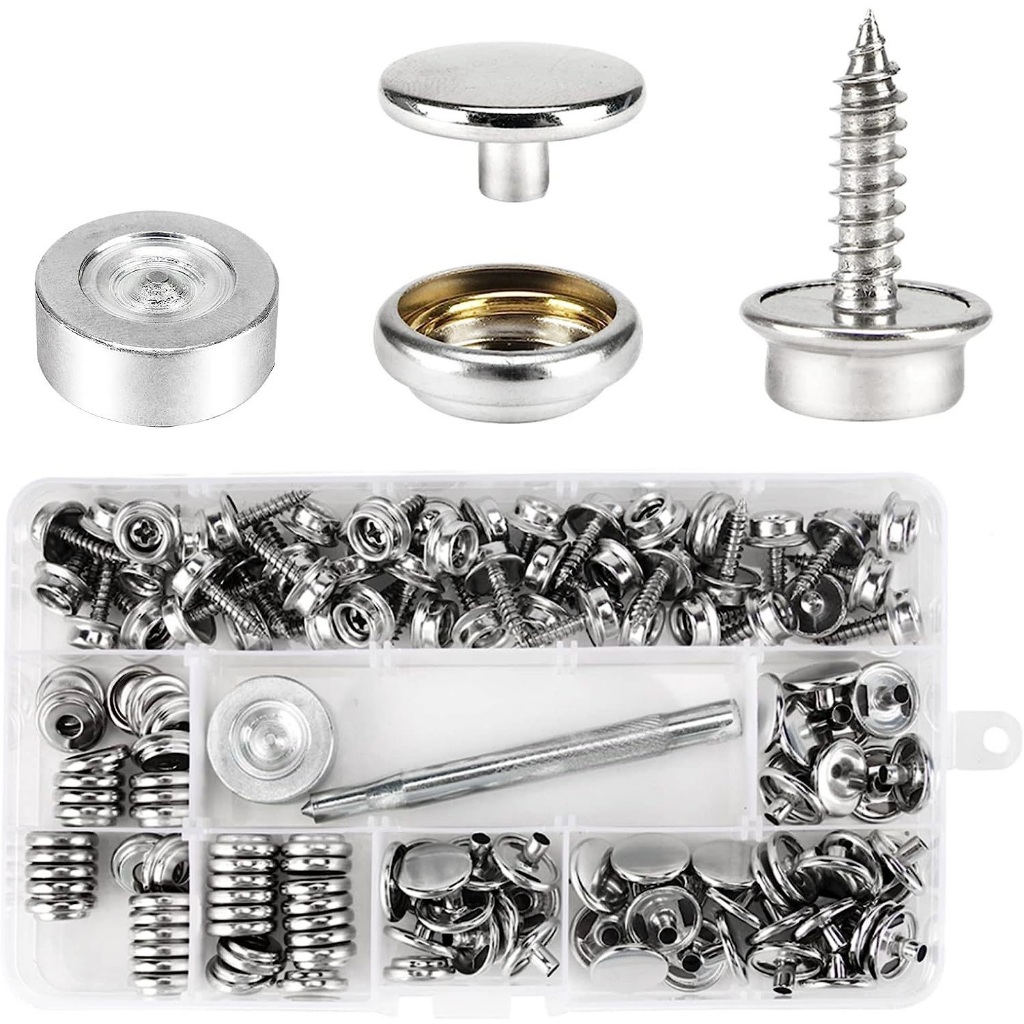 Combo bộ dụng cụ đóng nút tán nón bảo hiểm + 50 bộ nút (1 bộ 3 món,15mm, bằng sắt, màu bạc)
