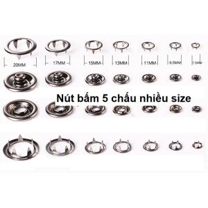 Nút bấm 5 chấu Cúc áo 4 thành phần Bằng thau không gỉ Màu bạc Size lớn 13mm, 15mm, 17mm, 20mm Bịch 10 bộ