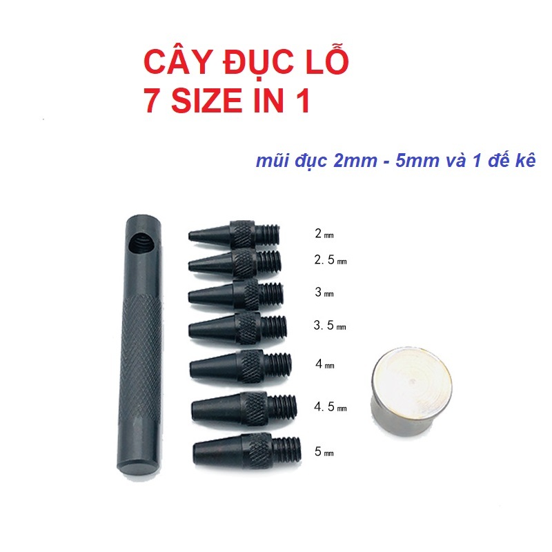 Cây đục lỗ 7 IN 1 Thay đổi đầu đục lỗ Nhiều size 2mm - 5mm và 1 đế kê Dùng đục lỗ tròn lên da, simili, giấy Hàng nhập