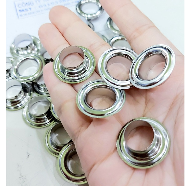 Khoen ore mắt cáo 14mm Chân cao 9ly Bằng thau không gỉ Màu bạc Khuy mắt cáo bấm vải, bấm bạt Bịch 50 cái 100 cái - Ảnh 3
