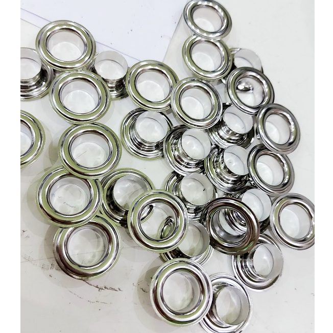 Khoen ore mắt cáo 14mm Chân cao 9ly Bằng thau không gỉ Màu bạc Khuy mắt cáo bấm vải, bấm bạt Bịch 50 cái 100 cái - Ảnh 2